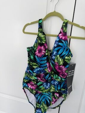 NWT Trimshaper  One-Piece Swimsuit - Black with Blue, Green & Pink Floral Print